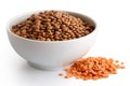 Dry unpeeled red lentils in white ceramic bowl isolated on white Royalty Free Stock Photo