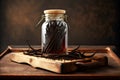 dry vanilla beans on a wooden stand with vanilla extract in a jar