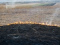 Dry vegetation on fire, negligent people burning the vegetation at springtime