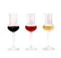 Dry white, semi-sweet rose and vintage aged tannin red wine in small tasting glasses isolated on white background. For winery, bar Royalty Free Stock Photo