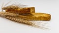 Dry white wheat bread or crackers with ripe rye spikelets on a white plate Royalty Free Stock Photo