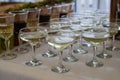 dry white wine in wineglasses on a table, served ready at open air outdoor dinner party
