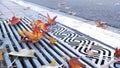 Dry yellow autumn fallen maple leaves, metal grate on ground of american street. Royalty Free Stock Photo