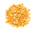 Dry yellow split peas isolated on white background. Halves of yellow legume peas. Top view.