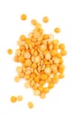 Dry yellow split peas isolated on white background. Halves of yellow legume peas. Top view.