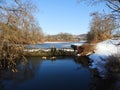 Dryden Lake and dam on a clear winter day