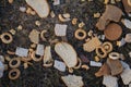 Drying bread and biscuits on the ground as a bird food top view Royalty Free Stock Photo