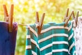 Drying clothes outdoors. Washed clothes on a rope. Royalty Free Stock Photo