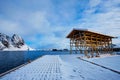 Drying flakes for stockfish cod fish in winter. Lofoten islands, Norway Royalty Free Stock Photo