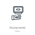 Drying hands icon. Thin linear drying hands outline icon isolated on white background from hygiene collection. Line vector drying