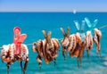 Drying the octopus in the sun in the seaside village of Plaka on Royalty Free Stock Photo