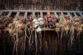 Drying onions of different colors infront of barn