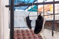 Drying school shoes in the sun at home Royalty Free Stock Photo
