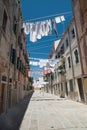 Drying washed clothes in the streets of Venice, Italy, italian lifestyle