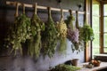 drying wild herbs on a wooden rack