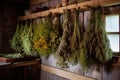 drying wild herbs on a wooden rack