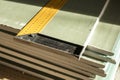 Drywall sheet measurement. The stack of gypsum board preparing for construction Royalty Free Stock Photo