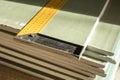 Drywall sheet measurement. The stack of gypsum board preparing for construction. Royalty Free Stock Photo