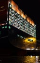 Night shot of an illuminated container ship