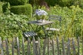 White bistro table and chairs in a lush garden Royalty Free Stock Photo