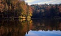 Beautiful autumn landscape scenery of forest reflected in Lake at TrakoÃÂ¡Ãâ¡an in Croatia, county hrvatsko zagorje