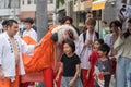 Shishimai lion dance good luck ritual with child at Saga Matsuri. Arashiyama, Kyoto, Japan Royalty Free Stock Photo