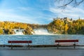 Red bench view of Rhine Falls landscape. Neuhausen am Rheinfall, Schaffhausen, Switzerland Royalty Free Stock Photo
