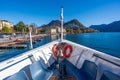 Interior seats and window view inside Lake Lugano ferry boat. Lugano, Canton of Ticino, Switzerland Royalty Free Stock Photo