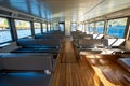 Interior seats and window view inside Lake Lugano ferry boat. Lugano, Canton of Ticino, Switzerland Royalty Free Stock Photo