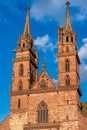 Red sandstone gothic towers of Basler Munster cathedral. Basel, Canton of Basel-Stadt, Switzerland Royalty Free Stock Photo
