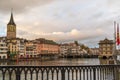 Scenic autumn view of Zurich Old Town with Limmat river and St Peter church. Zurich, Switzerland Royalty Free Stock Photo