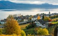 Sunset view of Cully village and Lavaux vineyard terraces. Bourg-en-Lavaux, Canton of Vaud, Switzerland Royalty Free Stock Photo