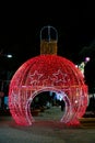 Illuminated Red Christmas Ball. Peristeri, Attica, Greece Royalty Free Stock Photo