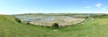 Panoramic view of the estuary of the river Cuckmere at Cuckmere Haven showing the iconic meandering S shaped river bend.