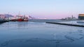 Raspberry sunset in port of Reykjavik. Royalty Free Stock Photo