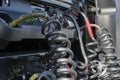 Closeup of pressure hoses, electrical wires and cables on a european truck