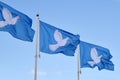 Three blue peace flags with a dove and olive branch in its beak