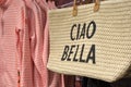 Braided bag with leather handle printed with Italian text Ciao Bella