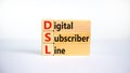 DSL digital subscriber line symbol. Concept words DSL digital subscriber line on blocks. Beautiful white background, copy space.