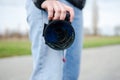 DSLR camera with broken lens filter. Cracked photo-filter Royalty Free Stock Photo