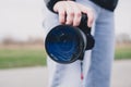 DSLR camera with broken lens filter. Cracked photo-filter Royalty Free Stock Photo