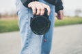 DSLR camera with broken lens filter. Cracked photo-filter Royalty Free Stock Photo