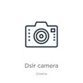 Dslr camera icon. Thin linear dslr camera outline icon isolated on white background from cinema collection. Line vector sign,