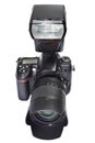 DSLR camera, lens and flash Royalty Free Stock Photo