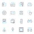 DSLR camera linear icons set. Shutter, Lens, Sensor, Resolution, Autofocus, ISO, Exposure line vector and concept signs