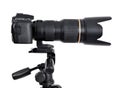 DSLR camera with zoom lense on a tripod