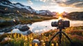 Impressionist Dslr Camera Landscape At Sunset By Mountains And Flowers