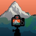 DSLR reflex camera photographing mountain landscape