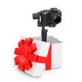 DSLR or Video Camera Gimbal Stabilization Tripod System Come Out of the Gift Box with Red Ribbon. 3d Rendering