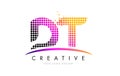 DT D T Letter Logo Design with Magenta Dots and Swoosh